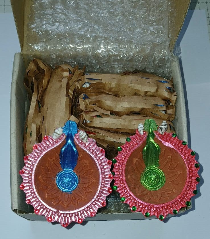 Siddhi Kalash Handcrafted PREMIUM BORDER COLOURED AND CRYSTAL DECORATED CLAY DIYAS