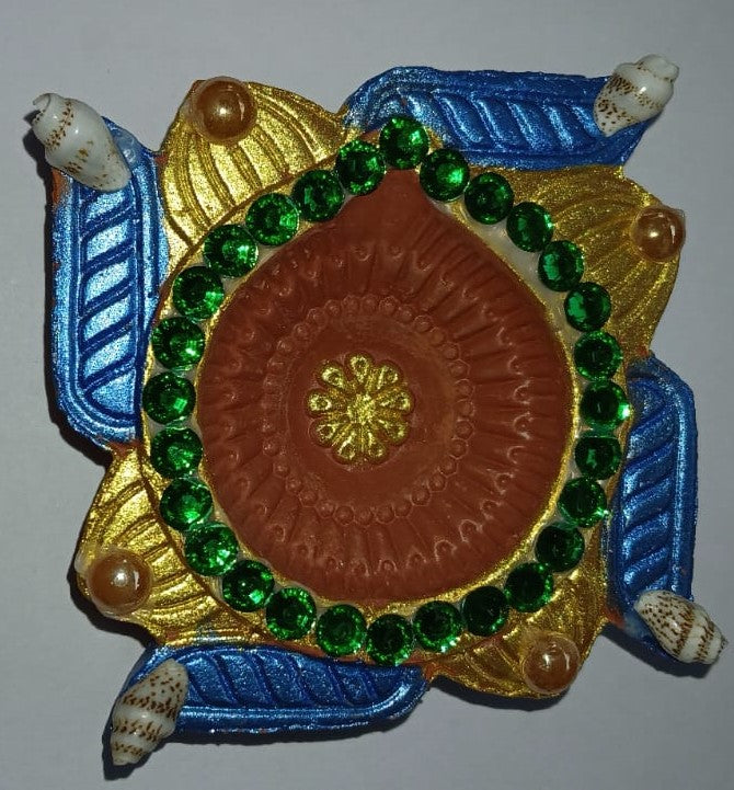 Siddhi Kalash Handcrafted PREMIUM BORDER COLOURED AND CRYSTAL DECORATED CLAY DIYAS