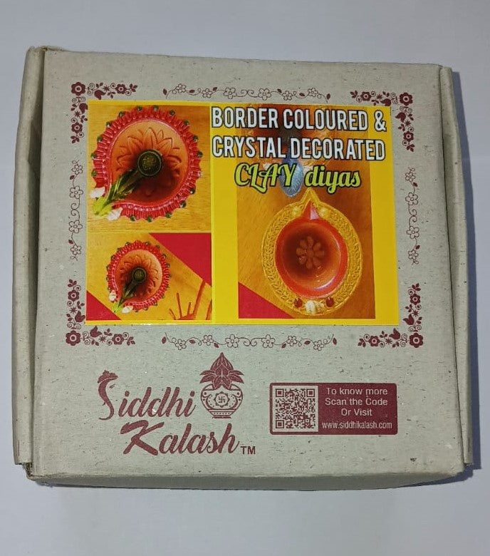 Siddhi Kalash Handcrafted PREMIUM BORDER COLOURED AND CRYSTAL DECORATED CLAY DIYAS